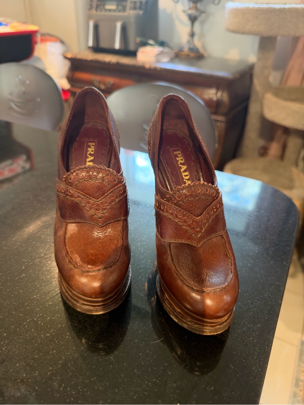 Prada Brown Leather Platform Wingtip Loafers
